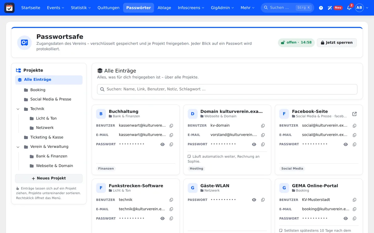 Passwortsafe mit Projekten und Einträgen, Passwörter verdeckt