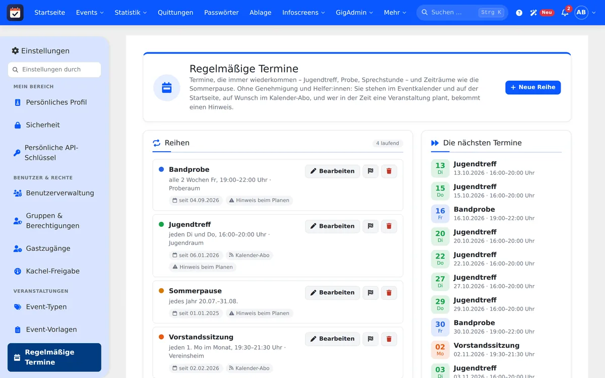 Kalendertermine mit Reihen und den nächsten Terminen