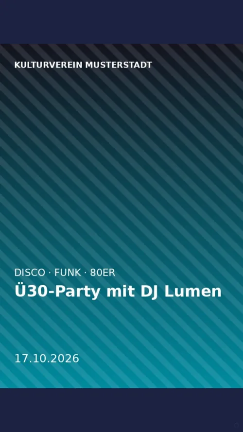 Infoscreen im Hochformat mit dem Flyer der nächsten Party